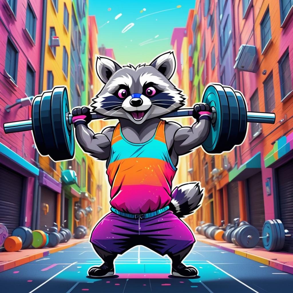 Muscular Raccoon Lifting Weights in Alley