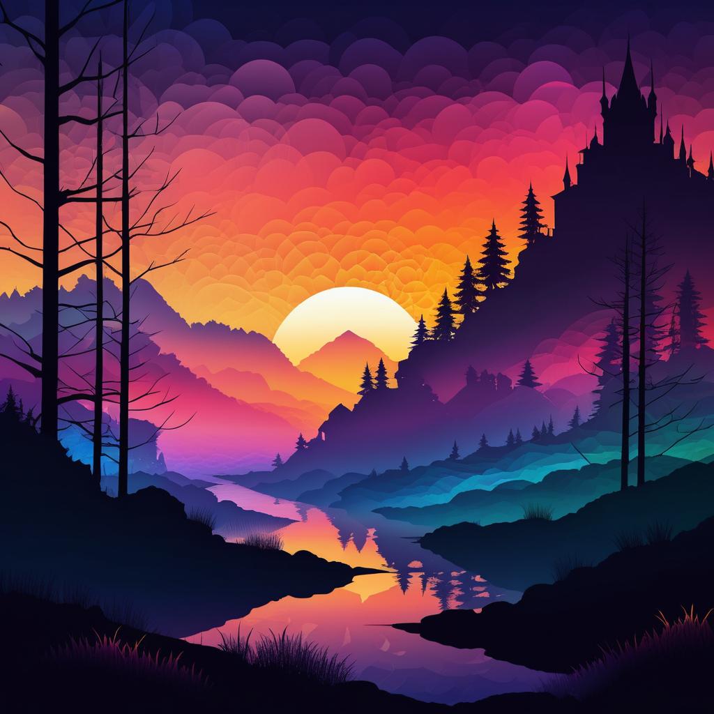 Vibrant Silhouette Landscape with Sunset