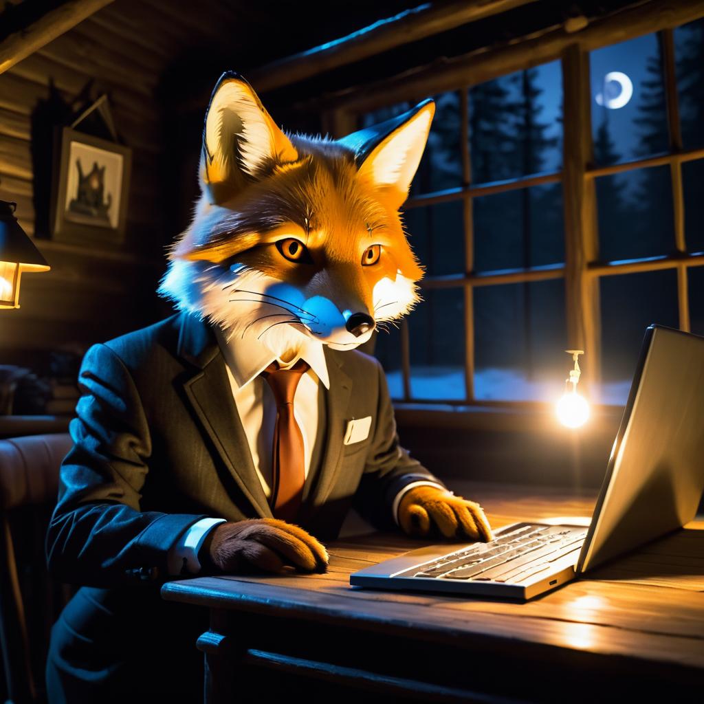 Clever Fox in Suit at Rustic Cabin