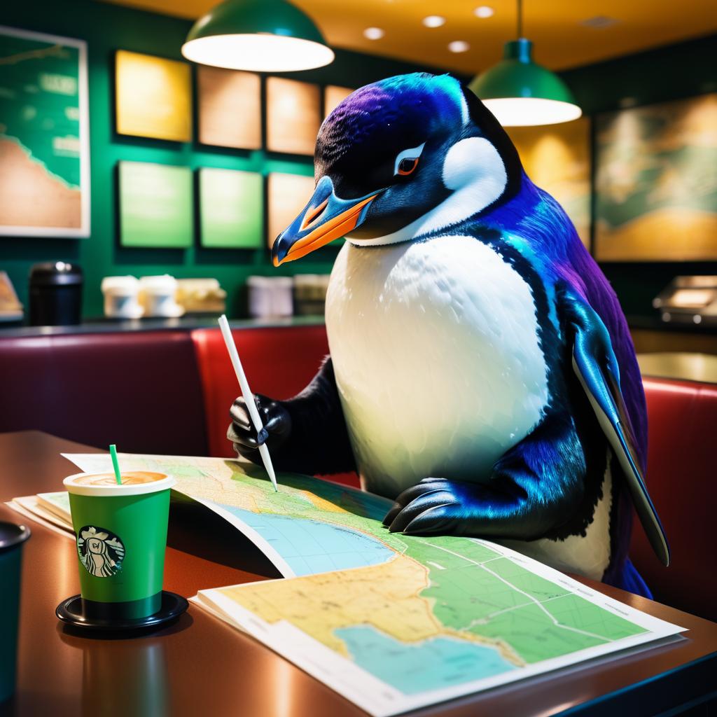 Penguin Analyzing Map at Starbucks Scene