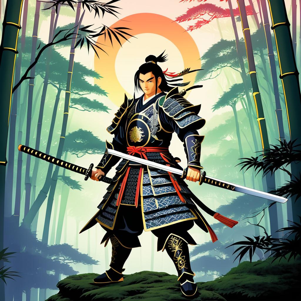 Heroic Samurai in Serene Bamboo Forest