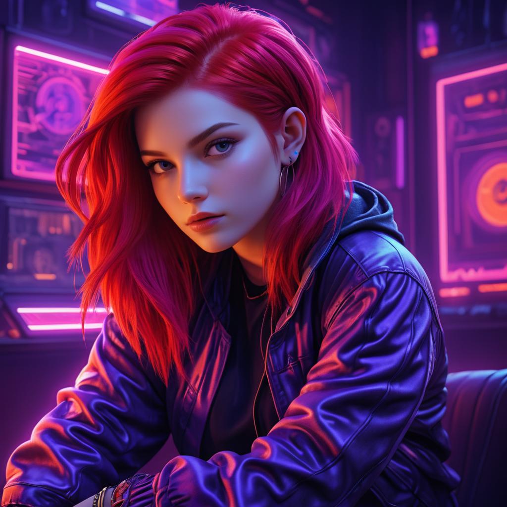 Cyberpunk Girl with Fiery Red Hair