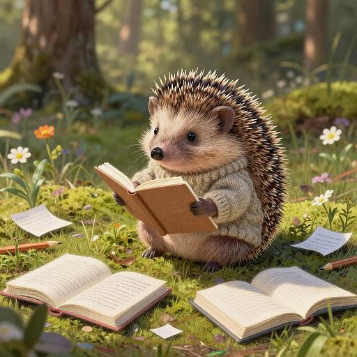 Photorealistic digital art: Adorable hedgehog in a cozy sweater reads a book in a sunlit forest, surrounded by open books and flowers on