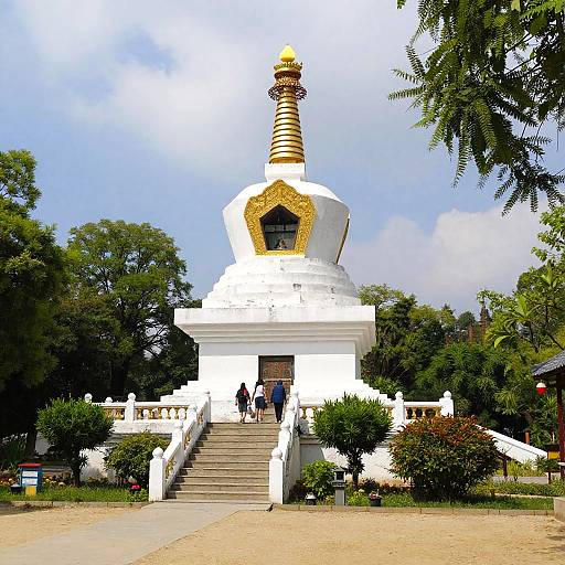 White Buddhist Stupa in Lush Garden