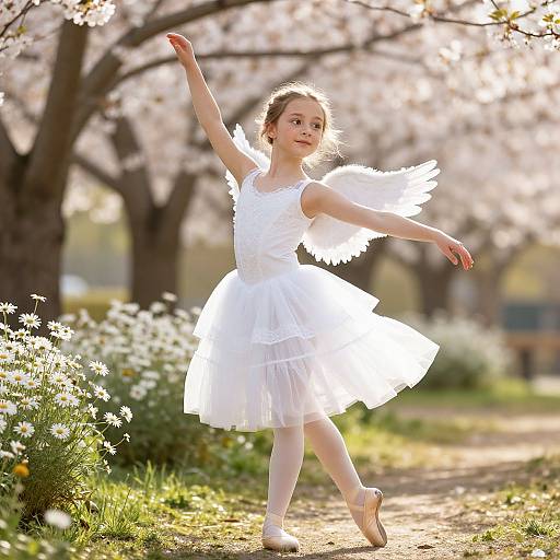 Photograph of a young girl with light brown hair, wearing a white dress and angel wings, dancing in a sunlit, cherry blossom-filled park.