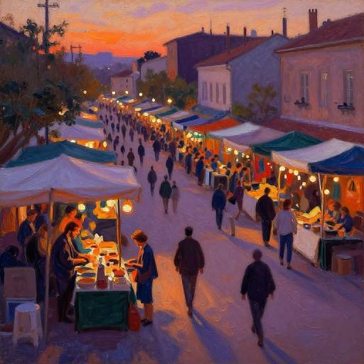 Vibrant evening market scene in an old European town, illuminated by warm street lights, with vendors and shoppers under colorful tents.
