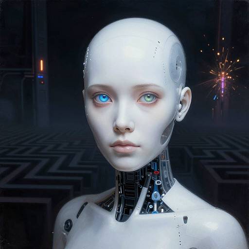 CGI image of a humanoid robot with white, featureless skin, blue and green eyes, and intricate neck mechanisms, set against a dark, futuristic