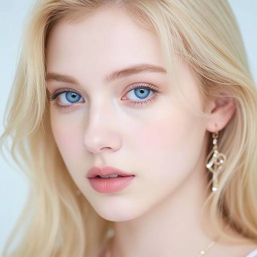 Close-up photograph of a young blonde woman with striking blue eyes, fair skin, and light pink lips, wearing gold geometric earrings, against a bright white