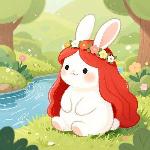 Cute white bunny with long red hair and flower crown sitting by a sunny, colorful forest stream in a digital cartoon style.