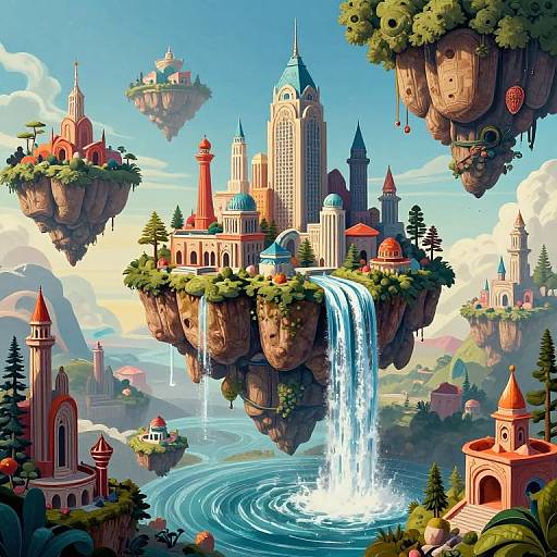 Digital fantasy artwork: floating cityscape with colorful skyscrapers, lush greenery, and a large waterfall cascading into a circular blue lake. Cl