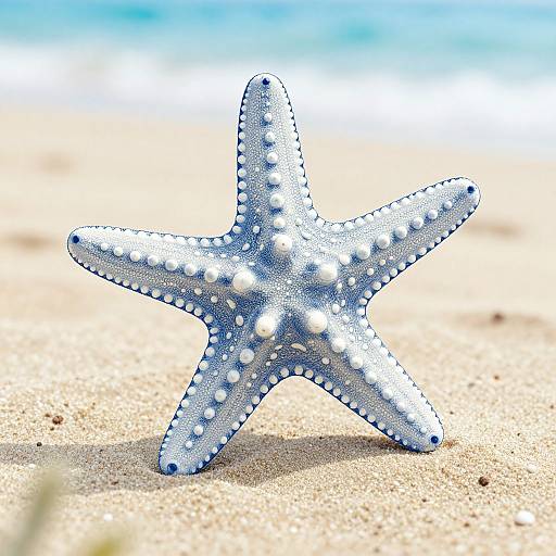 Photograph of a textured, white starfish with blue-tipped specks, standing on sandy beach with blurred ocean and sky background.