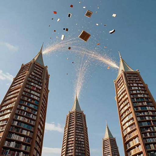 Photograph of three tall, red-brick skyscrapers with pointed roofs, under a clear blue sky, with colorful paper squares flying upwards.