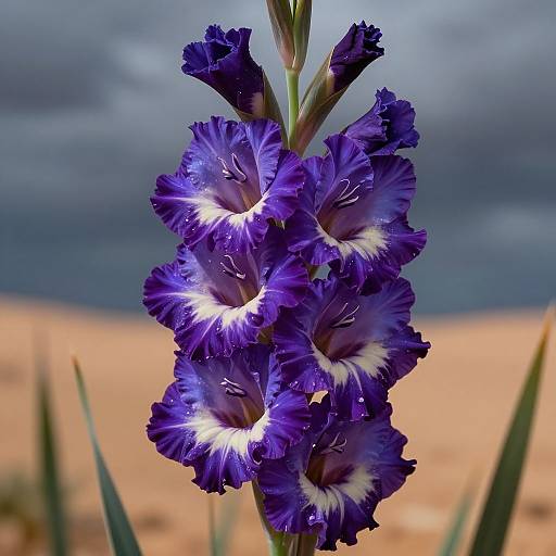 Photograph of vivid purple irises with white accents, against a blurred sandy desert and cloudy sky background. Bright sunlight highlights petals.