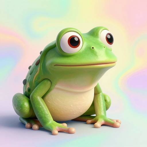 CGI cartoon green frog with large, expressive eyes, sitting on a colorful gradient background. The frog has a light beige belly and small, beige toes