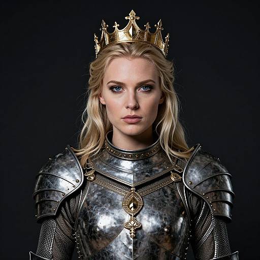 Photograph of a fair-skinned, blonde woman with blue eyes wearing a golden crown and silver, patterned medieval armor against a black background.