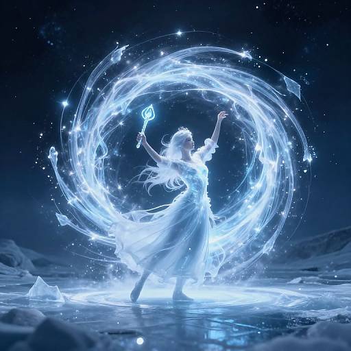 Digital artwork of a glowing, ethereal woman in a flowing dress, casting magical circular light spells in a starry, icy night landscape.