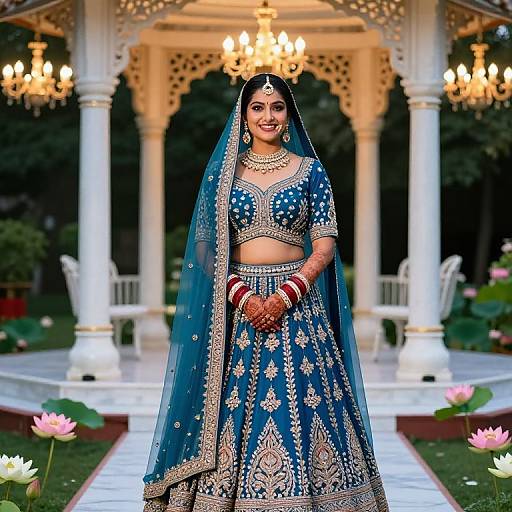 Photograph of a smiling South Asian bride in a blue and gold traditional lehenga with a veil, standing in front of an ornate white gazebo