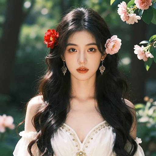 Photograph of an Asian woman with long, wavy black hair, wearing a white dress with gold trim, adorned with red and pink flowers in her