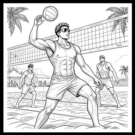Black-and-white line drawing of muscular men playing beach volleyball, foreground man with raised volleyball, two other players in background, palm trees, net, and