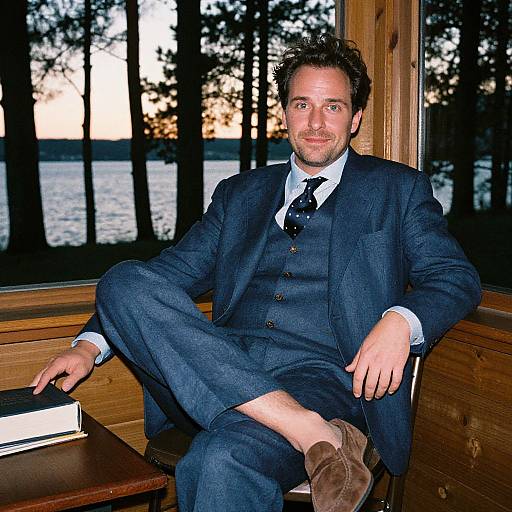 Photograph of a smiling man in a dark blue three-piece suit, white shirt, and patterned tie, sitting casually by a window overlooking a lake