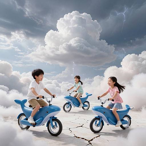 Photograph of three Asian children riding blue toy scooters on a cracked, cloudy sky background with dramatic lightning and bright sunlight.