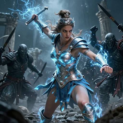 Digital artwork of a fierce, blue-armored warrior woman wielding a glowing sword, surrounded by dark, masked enemies in a stormy, ruins-laden