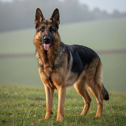 Photograph of a German Shepherd standing on grassy field, tongue out, with blurred green hills in the background, under soft sunlight.