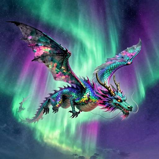 Vibrant digital painting of a multicolored, iridescent dragon flying through glowing green and purple auroras in a starry night sky.