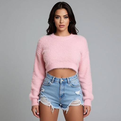 Photograph of a dark-haired woman with light skin wearing a fuzzy pink sweater and distressed blue denim shorts, standing against a plain gray background.