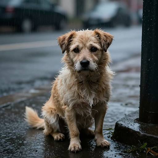 Photograph of a wet, shaggy, tan and brown dog sitting on a rainy, dark, wet sidewalk, with blurred urban background.