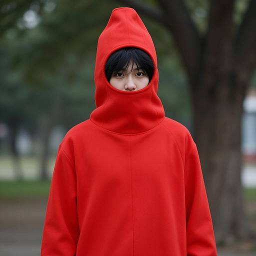 Photograph of an Asian person with black hair, wearing a bright red hooded sweatshirt, with only their eyes visible through the hood. Background shows