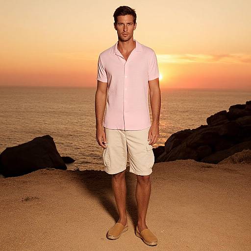 Photograph of a muscular man with short dark hair, wearing a white polo shirt, white shorts, and tan loafers, standing on a sandy beach