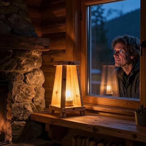 Photograph of an elderly woman with short gray hair, gazing out a window at twilight, illuminated by warm wooden lantern light.