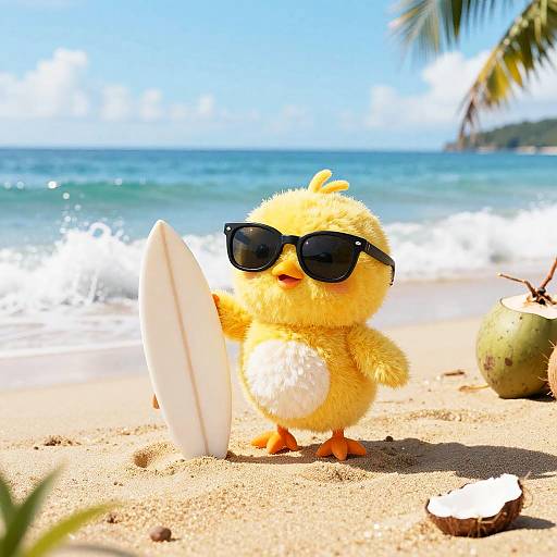 Playful Chick Surfing Tropical Shore
