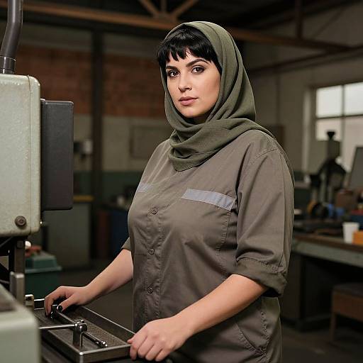 Photograph of a pale-skinned woman with short black hair, wearing a green hood and olive work shirt, operating machinery in a dimly lit industrial
