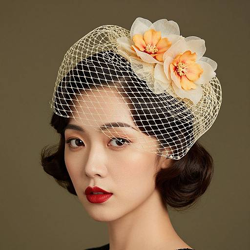 Photograph of an elegant Asian woman with fair skin, red lipstick, dark wavy hair, wearing a white mesh hat adorned with orange and white flowers