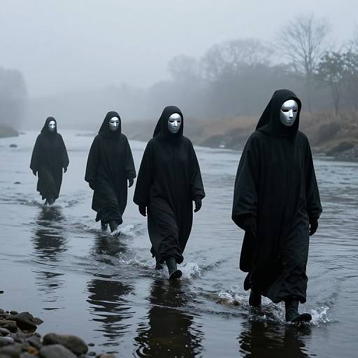Photograph of four masked, black-robed figures walking in misty, shallow water; their white masks starkly contrast the dark, foggy background