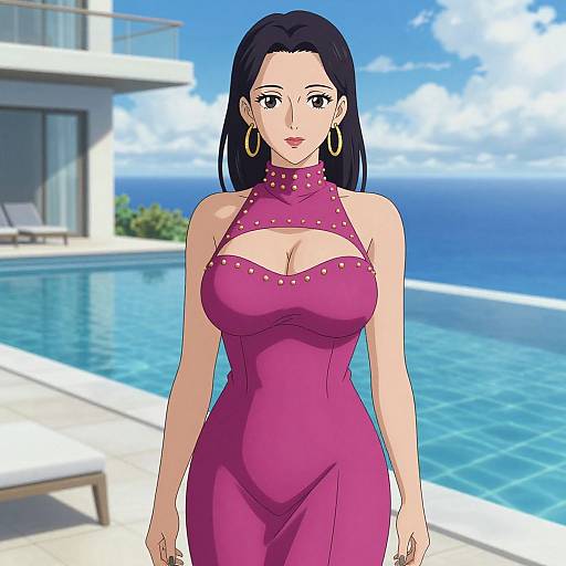 Anime-style digital drawing of a curvy, black-haired woman in a form-fitting, purple, cleavage-revealing dress, standing by a