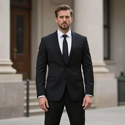 Photograph of a handsome, bearded man with short brown hair, wearing a black suit, white shirt, and black tie, standing in front of