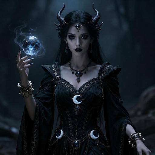 Obsidian-Eyed Shadow Enchantress in Gown