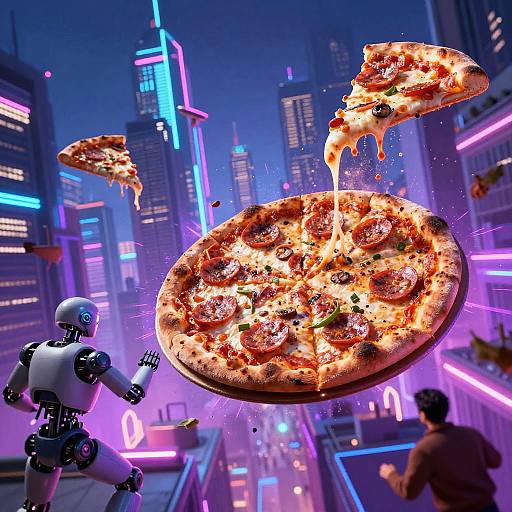 CGI image: Neon-lit futuristic cityscape; robotic figure holds out hand as large, hovering pizza with cheese dripping and slices flying. Man in
