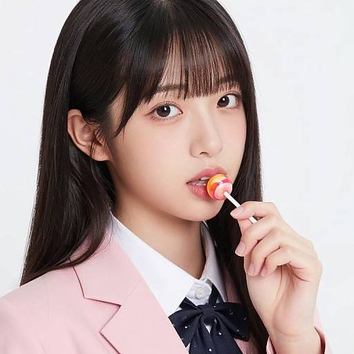 Photograph of an Asian woman with long black hair and bangs, wearing a pink blazer and black bow tie, sensually licking a red and