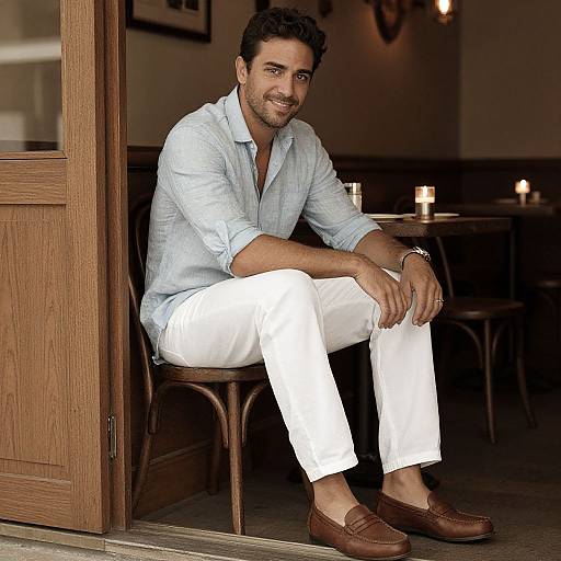 Photograph of a handsome, dark-haired man with light stubble, wearing a light blue shirt, white pants, and brown loafers, sitting in