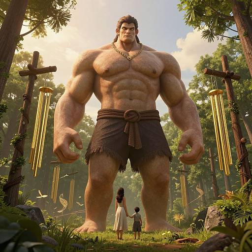 CGI fantasy scene: massive muscular man with dark hair, gold necklace, and dark loincloth, stands towering over two small children in a forest