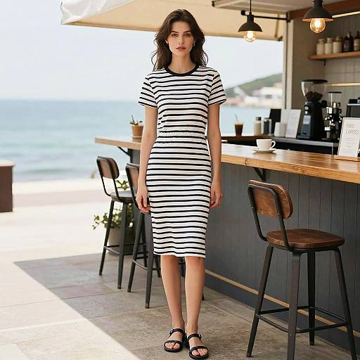 Woman in Striped Dress at Seaside Coffee Bar