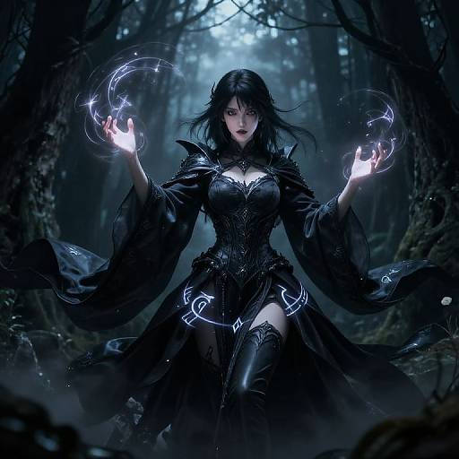 Digital fantasy artwork: Dark-haired, pale-skinned woman in black gothic armor and flowing robe, glowing blue magic circles in foggy forest.