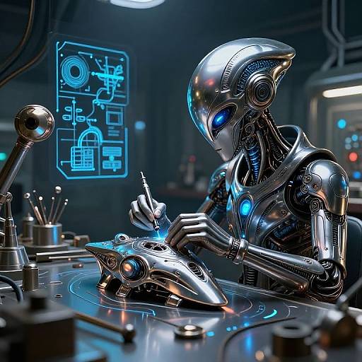 CGI image of a sleek, silver robotic figure with blue glowing eyes, meticulously drawing on a holographic tablet in a futuristic lab. Neon circuit diagrams