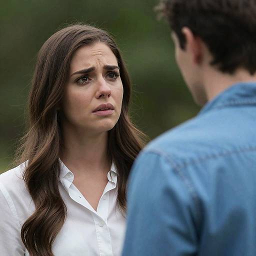 Photograph of a worried brunette woman with long hair in a white shirt, facing a man in a blue denim shirt.