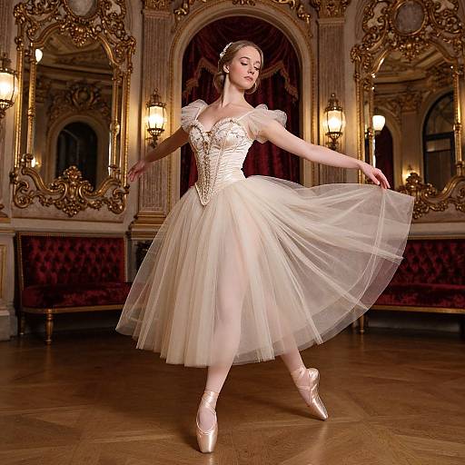 Photograph of a graceful ballerina in an opulent, gold-decorated ballroom, wearing a white, beaded bodice tutu