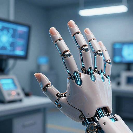 Macro AI Fingers with Glowing Circuits